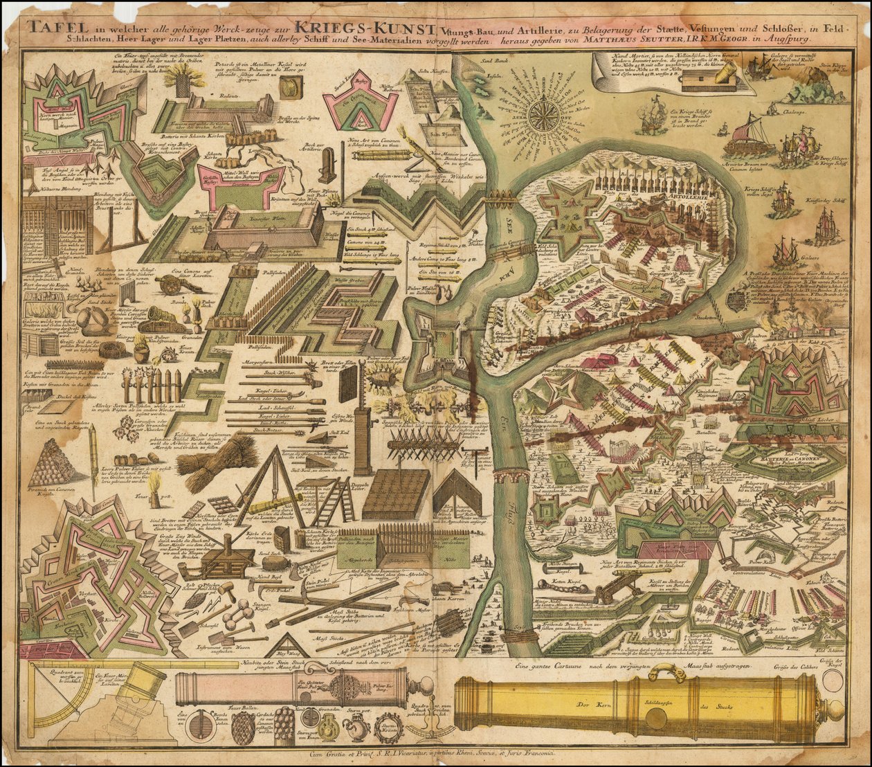 1720年、陸路と海路の戦争術を示すセウター作の寓意的地図 作： マシュー・セッター