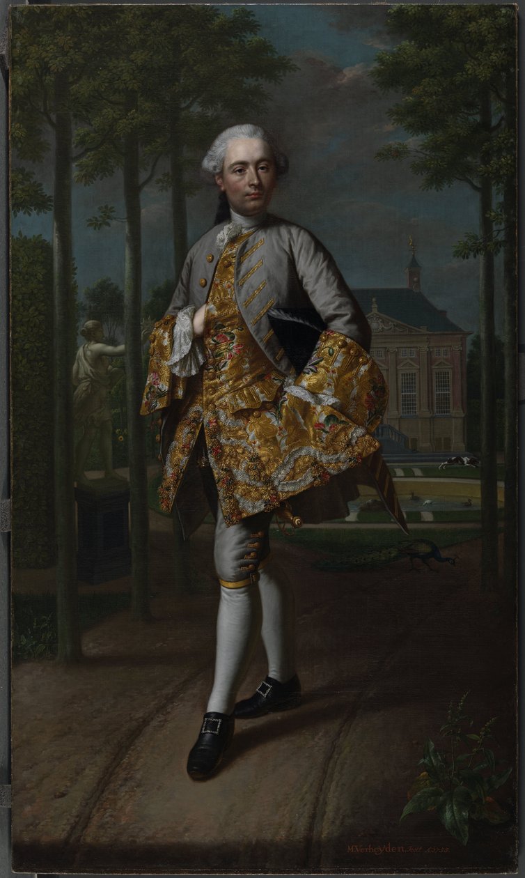 ジェラルド・コルネリス・ファン・リーベックの肖像 ジェラルド・コルネリス・ファン・リーベック (1722-1759)、デルフト長官、おそらくフォールブルクにある彼のカントリー ハウス エッセンシュタインの前に立っている 作： マテウス・フェルハイデン