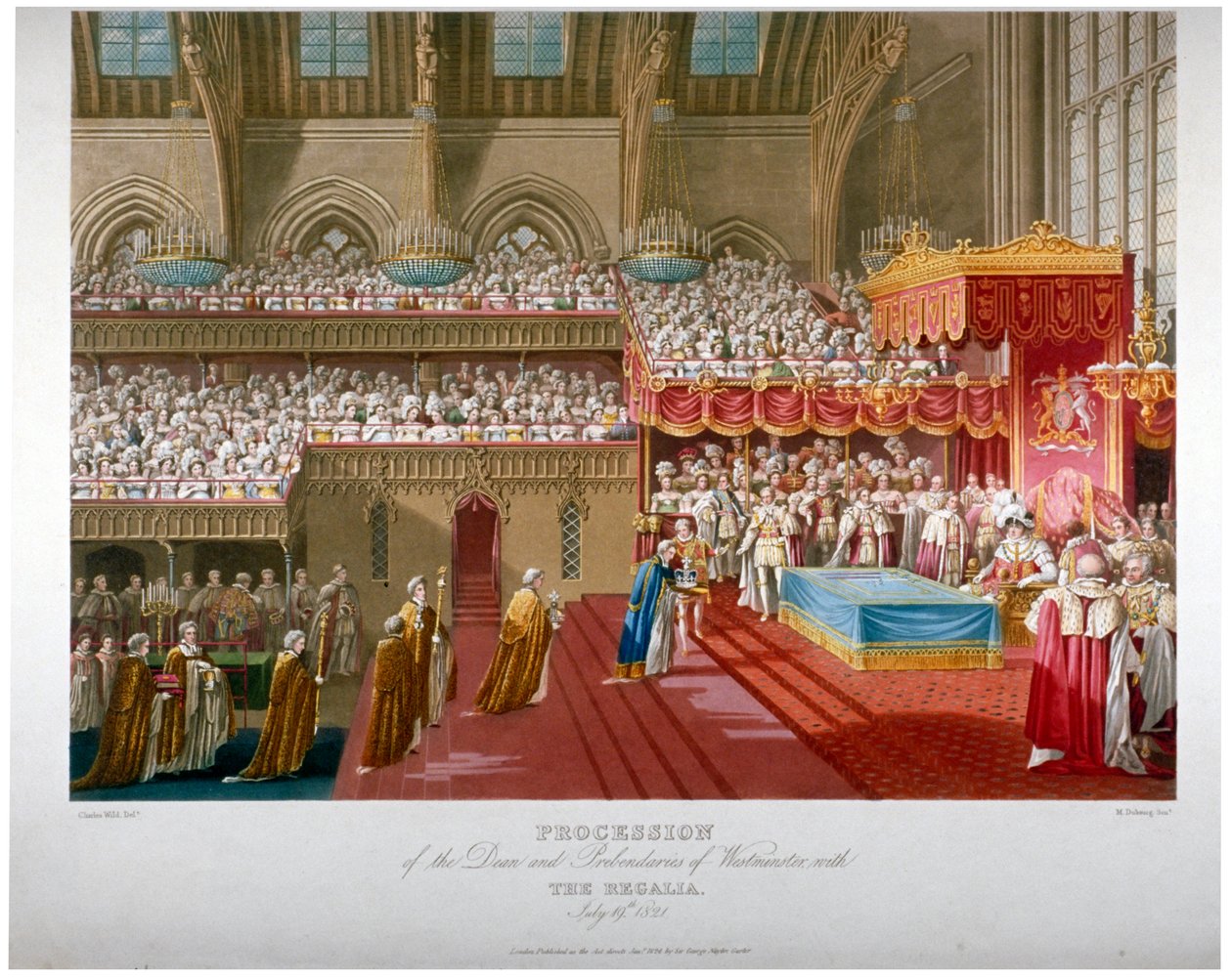1821年1824年にロンドンのウェストミンスター・ホールで行われたジョージ4世の戴冠式。                                  作： マシュー・デュブール