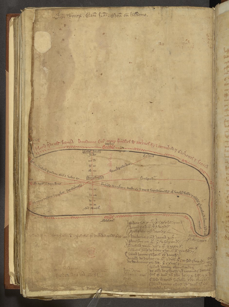 コットン MS Nero D 1 f.187v ローマの軍事道路、「Liber Additamentorum」から、c.1250-54 (ベラム) 作： マシュー・パリ