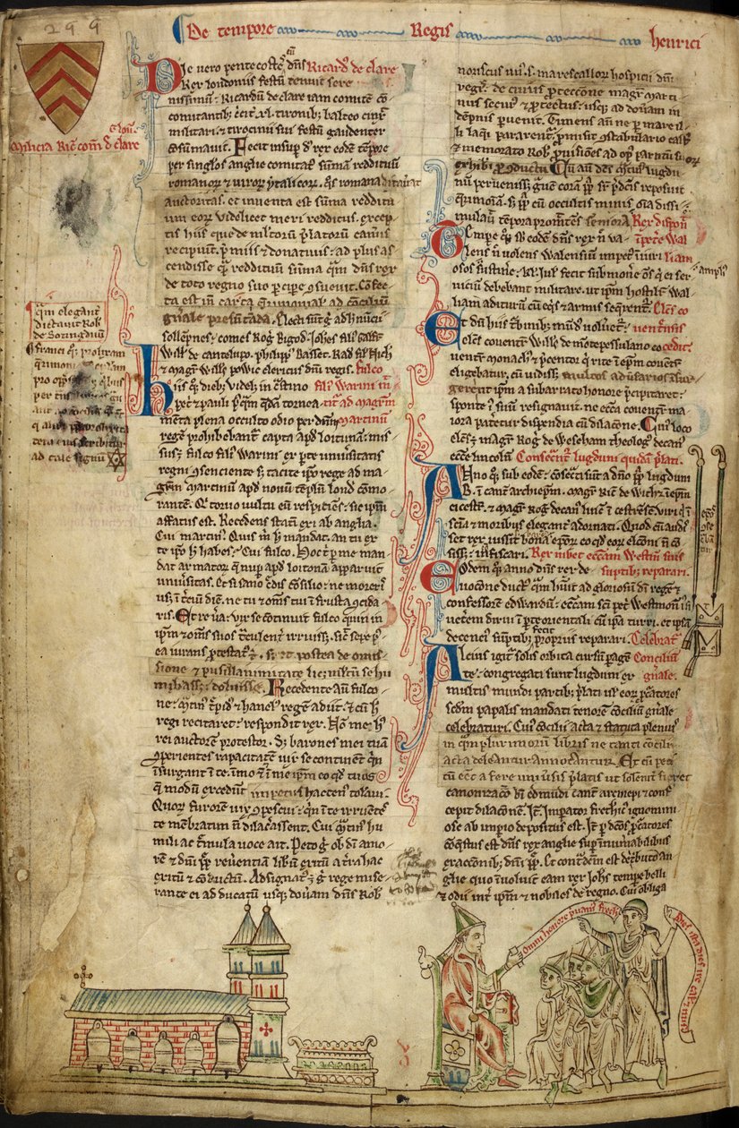 Royal 14C VII、f.138v ウェストミンスター寺院と聖エドワード神殿。 右、リヨン公会議での教皇インノケンティウス 4 世、「Historia Anglorum」のイラスト 作： マシュー・パリ