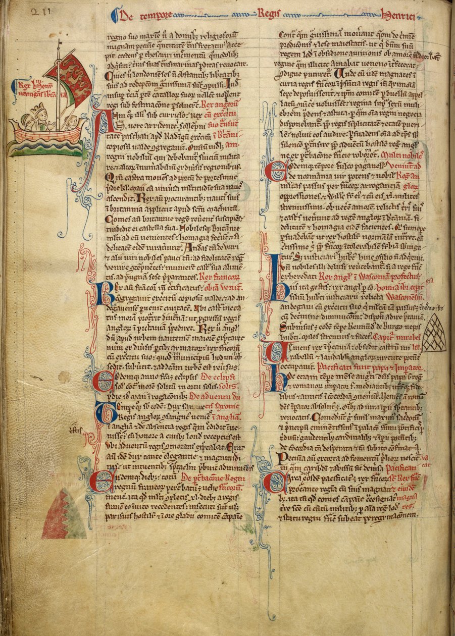 Royal 14 C. VII、f.116v イギリス海峡を渡ってブルターニュに向かうヘンリー 3 世の限界図、付随するテキストの一部は著者自身の手によるもの、「Historia Anglorum」のイラスト 作： マシュー・パリ