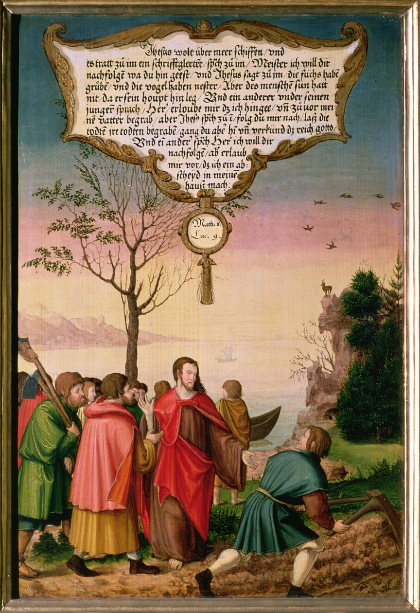 キリストは弟子たちに教える（ルーク9 v.62）、モンペルガルター祭壇画の翼パネルの一部 作： マティアス・ゲールンまたはゲロウ