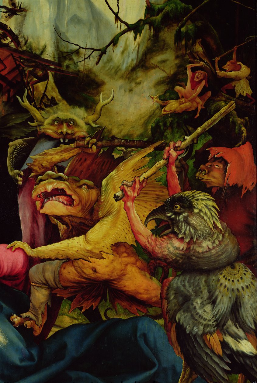 Isenheim Altarpiece、c、1512-16からの棒で武装した悪魔（62331も参照） 作： マティアス・グリューネヴァルト