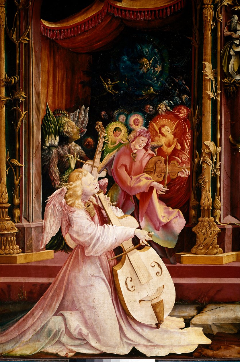 イッセンハイム（またはイゼンハイム）の祭壇画。"La Nativite" 天使の音楽家たちのコンサートの詳細。中央の天使はガンバ・ヴィオラを演奏している。マティス・ネイタルド・ゴタール（Matthias Grunewald）（1480-1528）（ec.all.）によるパネル 1512-1516 Dim.265x304 cm Col 作： マティアス（c.1480 1528）Grunewald