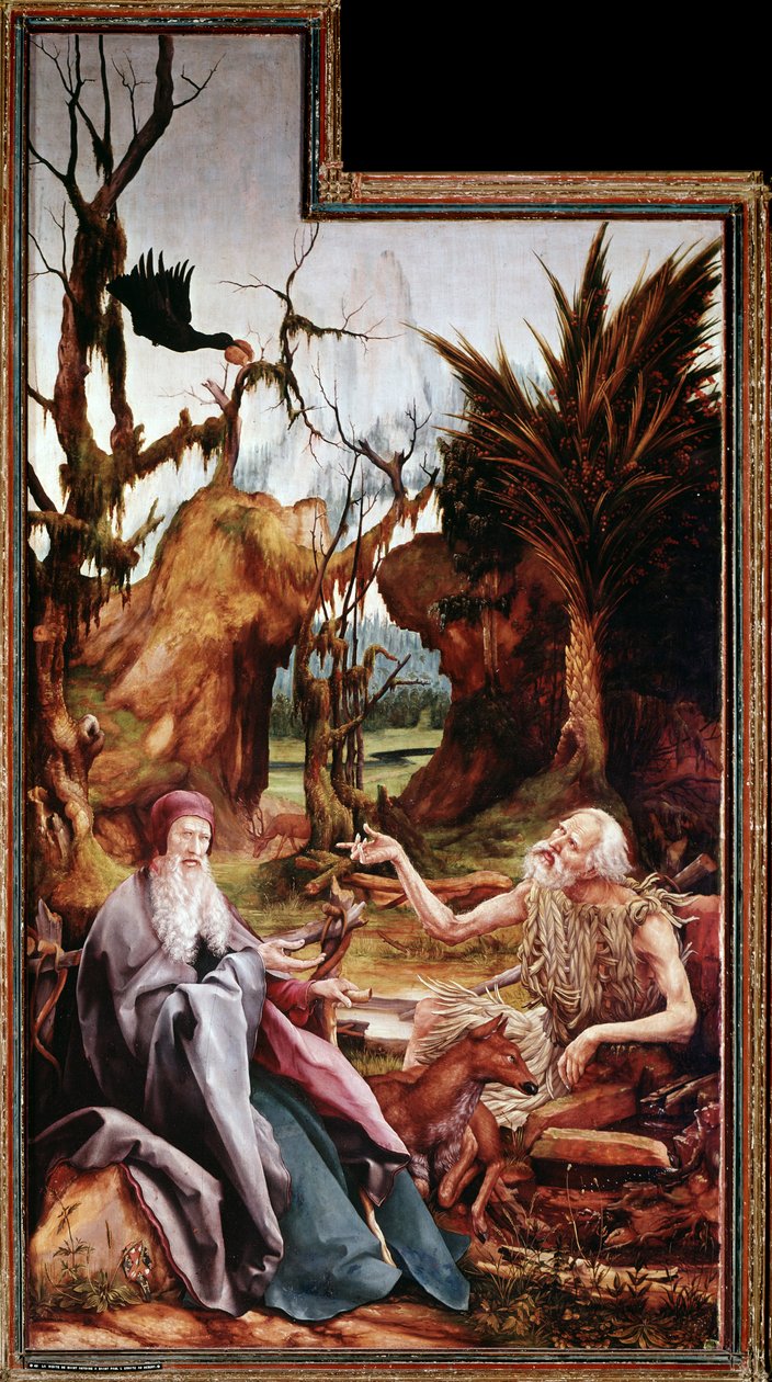 大聖アンソニーと砂漠の聖パウロ、イッセンハイムの祭壇画（油彩・パネル 作： マティアス（c.1480 1528）Grunewald