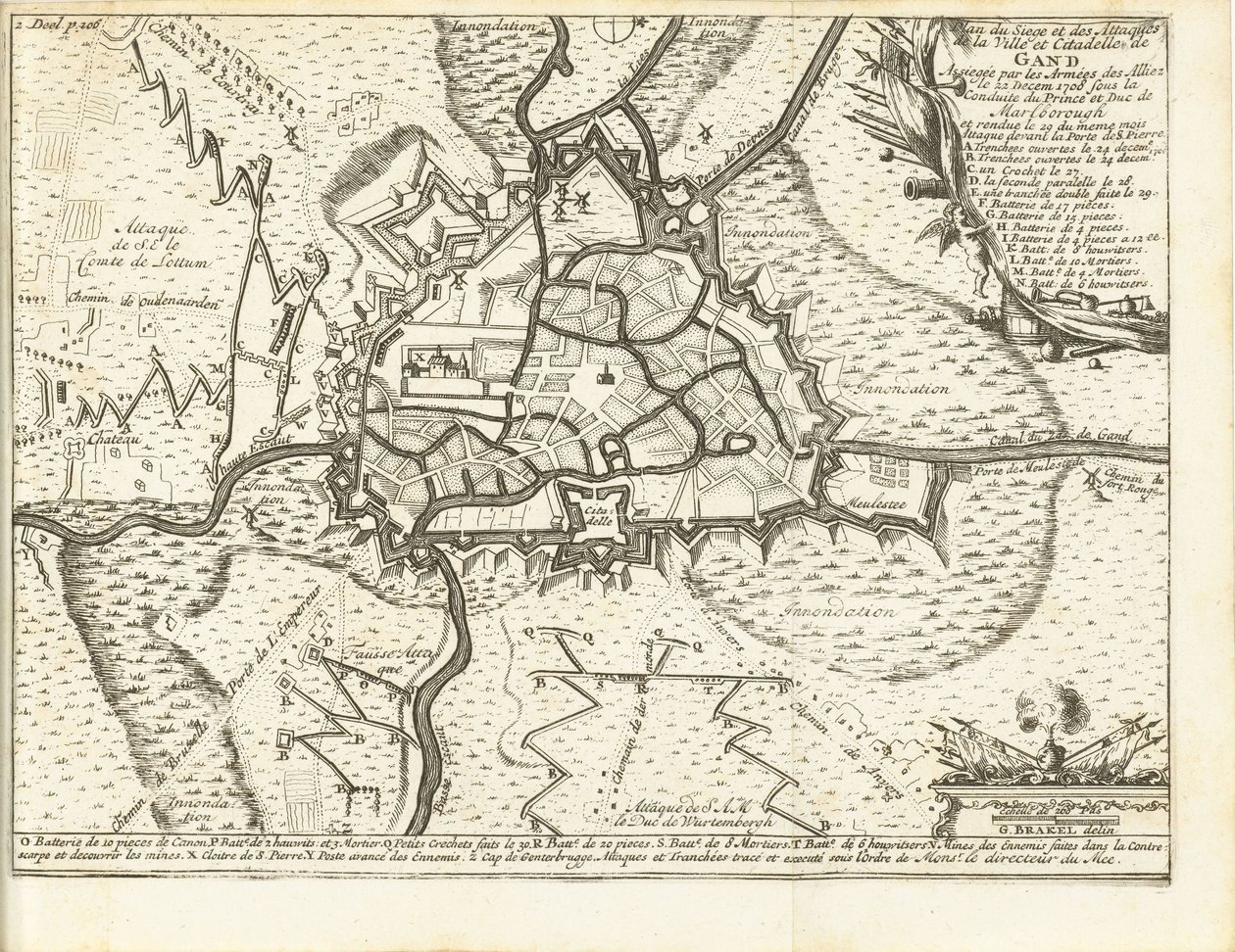 ベレグ ヴァン ゲント、1708 年 1708 年 12 月 22 日に連合国軍によって包囲されたヘント市と城塞の包囲と攻撃の地図、マールバラ公と公爵の指揮の下 (オブジェクトのタイトル) 作： Matthijのプール（おそらく）
