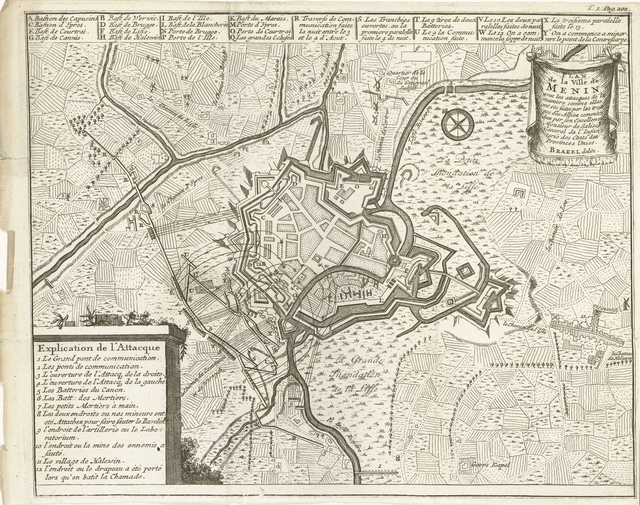 メニン包囲戦、1706年 Plan de la Ville de Menin (...) (オブジェクトのタイトル) 作： Matthijのプール（おそらく）