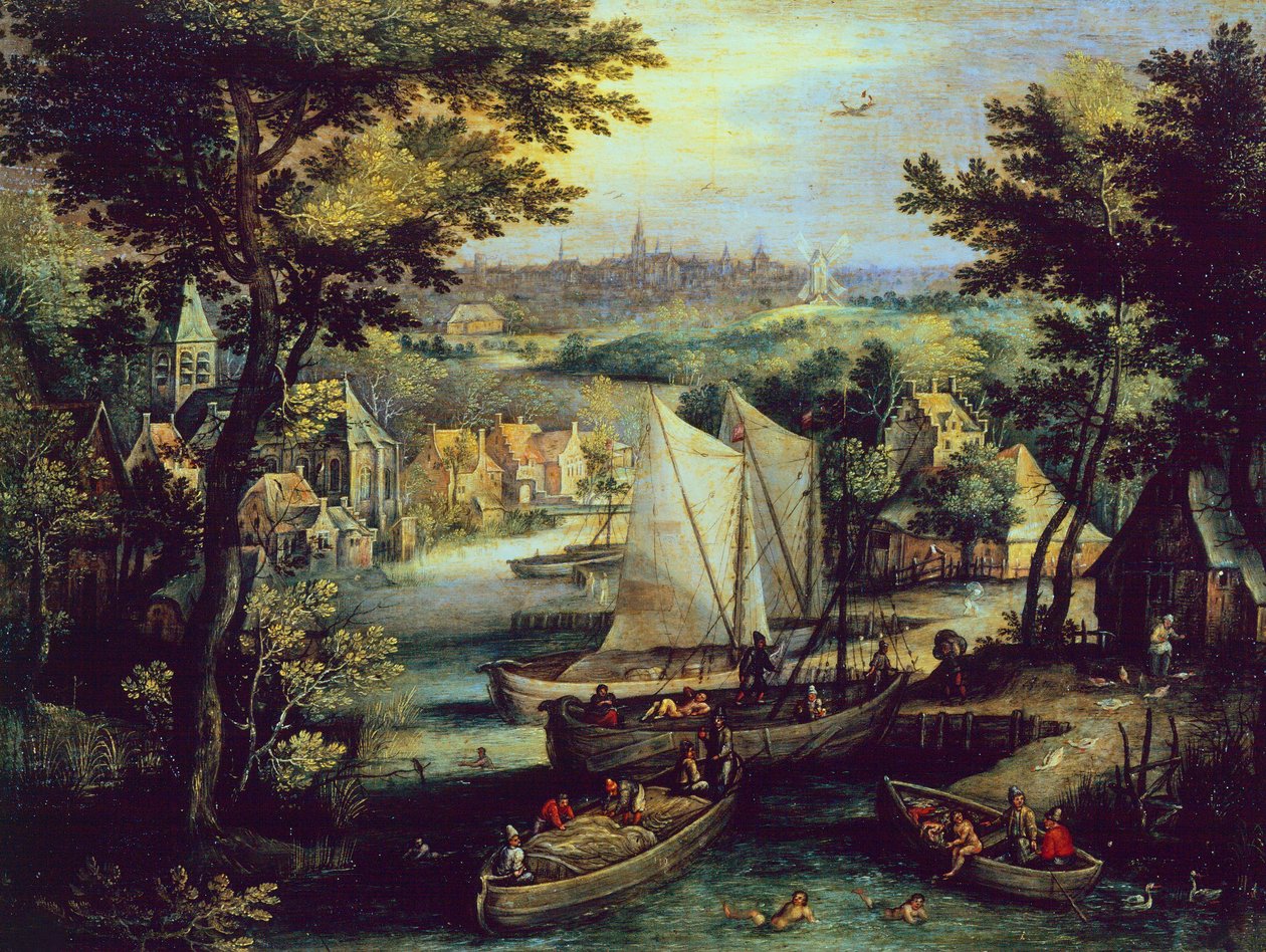 川の風景、Mathys Bril Younger (1550-1583) 作、銅に油彩 作： マタイス・ザ・ヤング・ブリル