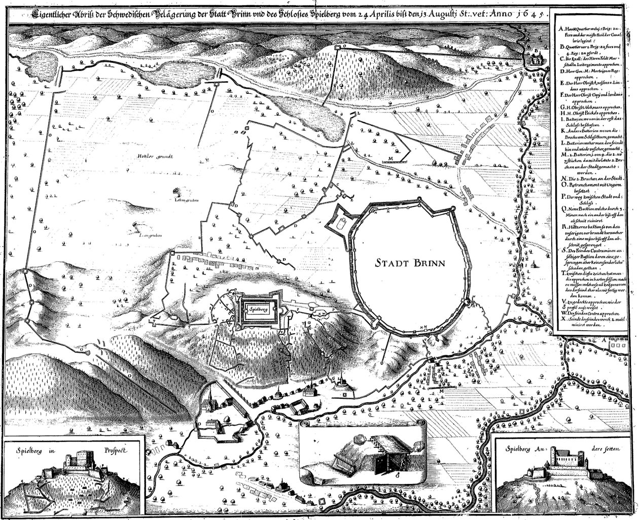 1645年のブルノの都市の計画、つまりスウェーデンによる包囲中、メリアンによる 作： マテウス・メリアン