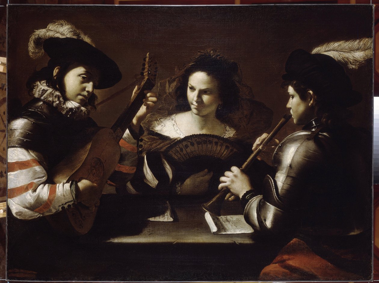 コンサート。 Mattia Preti (1613-1699) の絵画、キャンバスに油彩、1630 年頃。 イタリアの芸術 作： マティア・プレティ