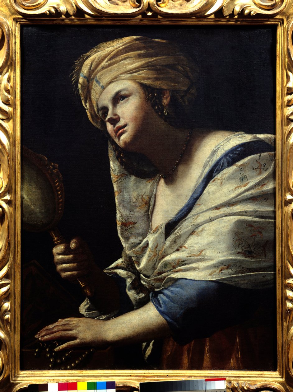 ターバンと鏡を持つヴァナイトの女性 - マッティア・プレティ（1613-1699）の絵画 17世紀 フィレンツェ、ウフィッツィ美術館蔵 作： マティア・プレティ