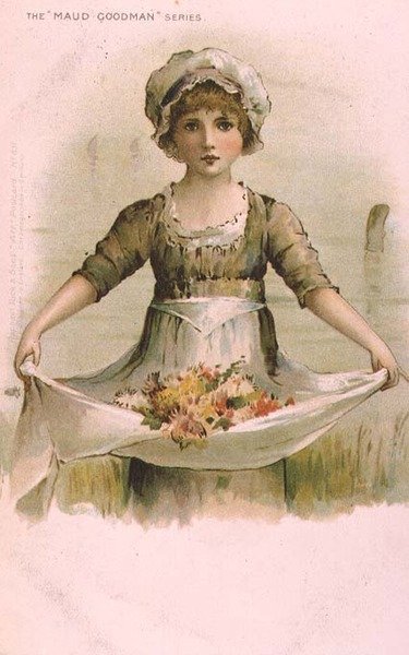 彼女のエプロンで花を持つ少女 作： モード・グッドマン