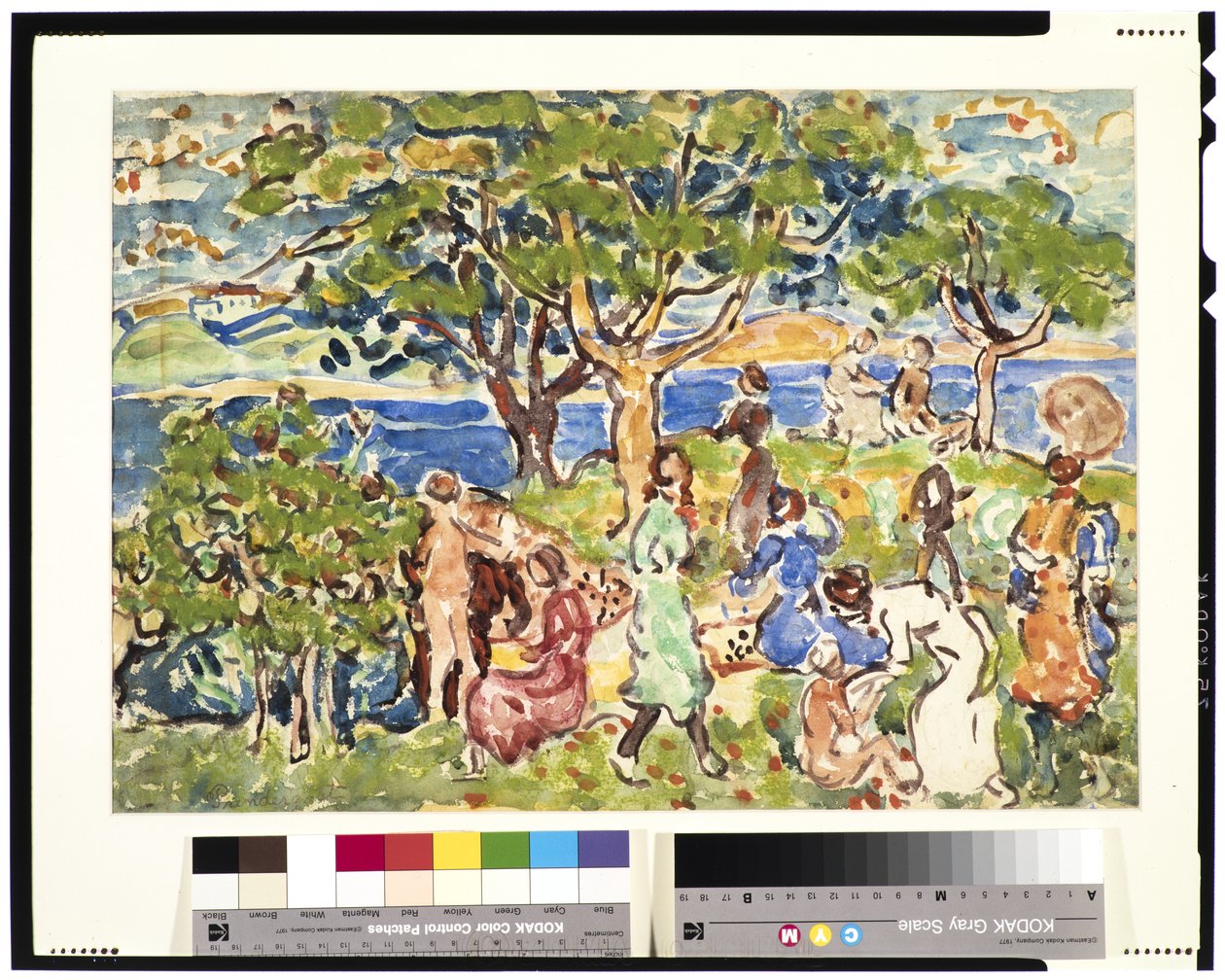 ピクニック、1912〜15年頃（グラファイト上にWCとパステル） 作： モーリス・ブラジル・プレンダーガスト