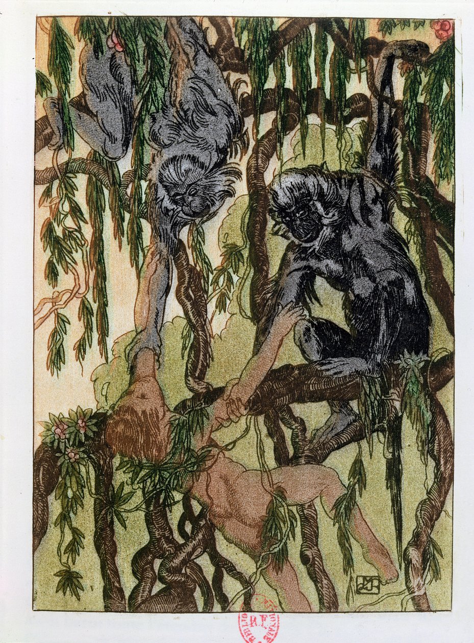 モウグリとサル、1930年パリで出版されたRudyard Kipling（1865-1936）による「ジャングルブック」のイラスト 作： モーリス・ド・ベック