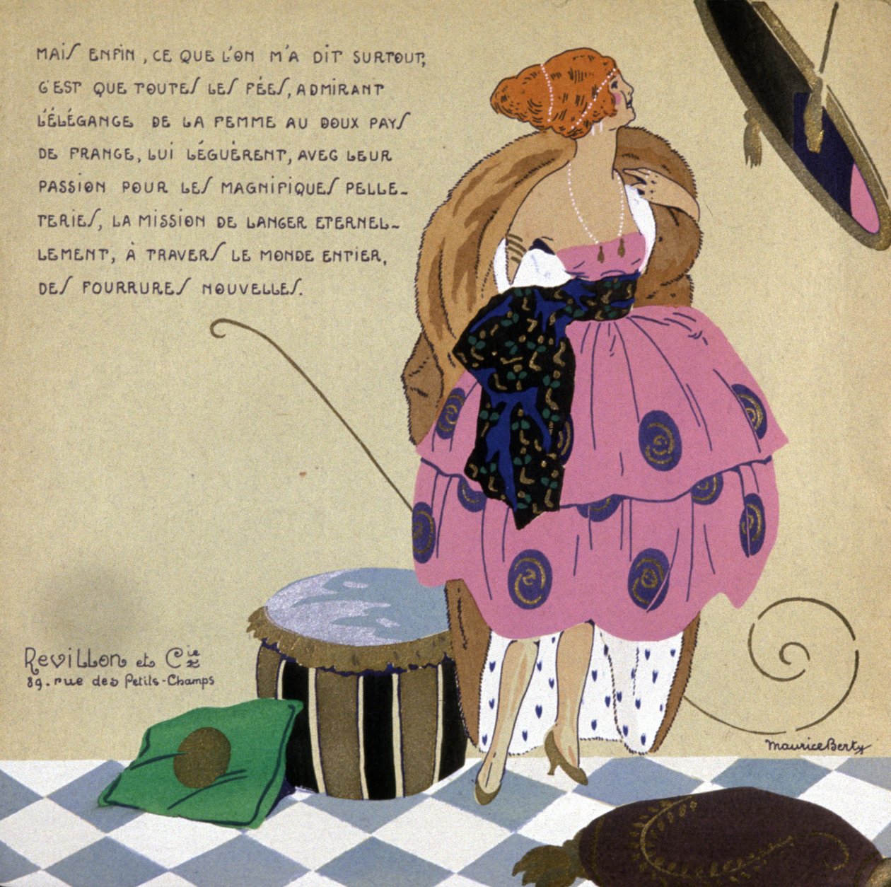 鏡の前の女性、レビロンの毛皮の広告、c. 1920～1930年（イラスト） 作： モーリス・ベルティー