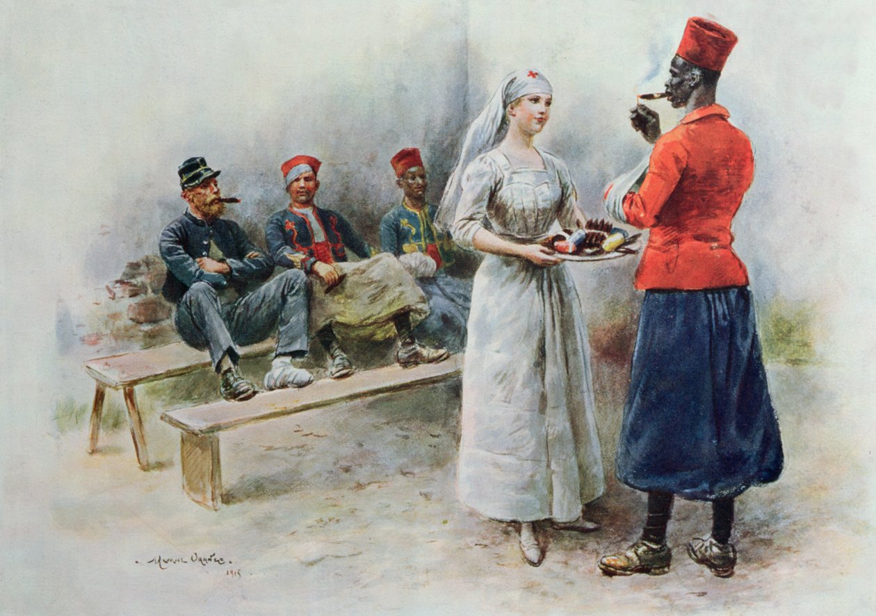 1915年の第一次世界大戦中にZouavesと兵士と一緒に好きな看護師 作： モーリス・アンリ・オランジュ