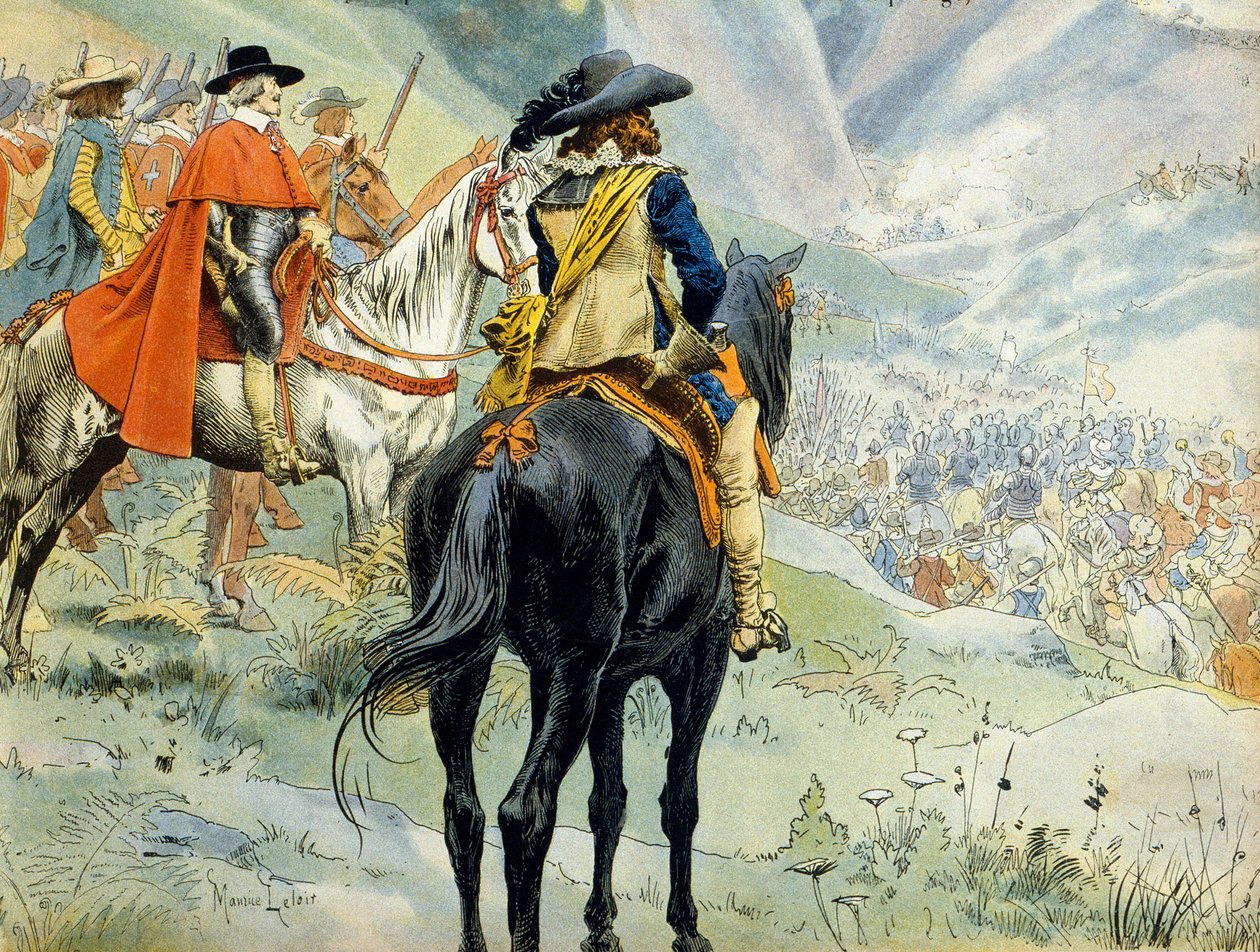フランスの歴史。三十年戦争中のマンチュア継承戦争（1628-1631年）。国王ルイ13世（1601-1643）とリシュリュー枢機卿（アルマン・ジャン・デュ・プレシ）を代表するパ・ド・スーズ（スーサ）の戦いは 作： モーリス・ルロワール