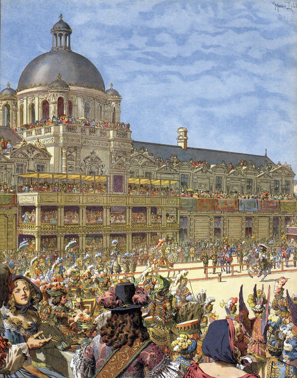 1662年にパリのチュイルリー宮殿の前で行われた王室のカルーセル（騎士のトーナメント）は、ルイ14世がLe Roi-Soleil（ソレイユ王またはルイ大帝）として知られていました。 作： モーリス・ルロワール