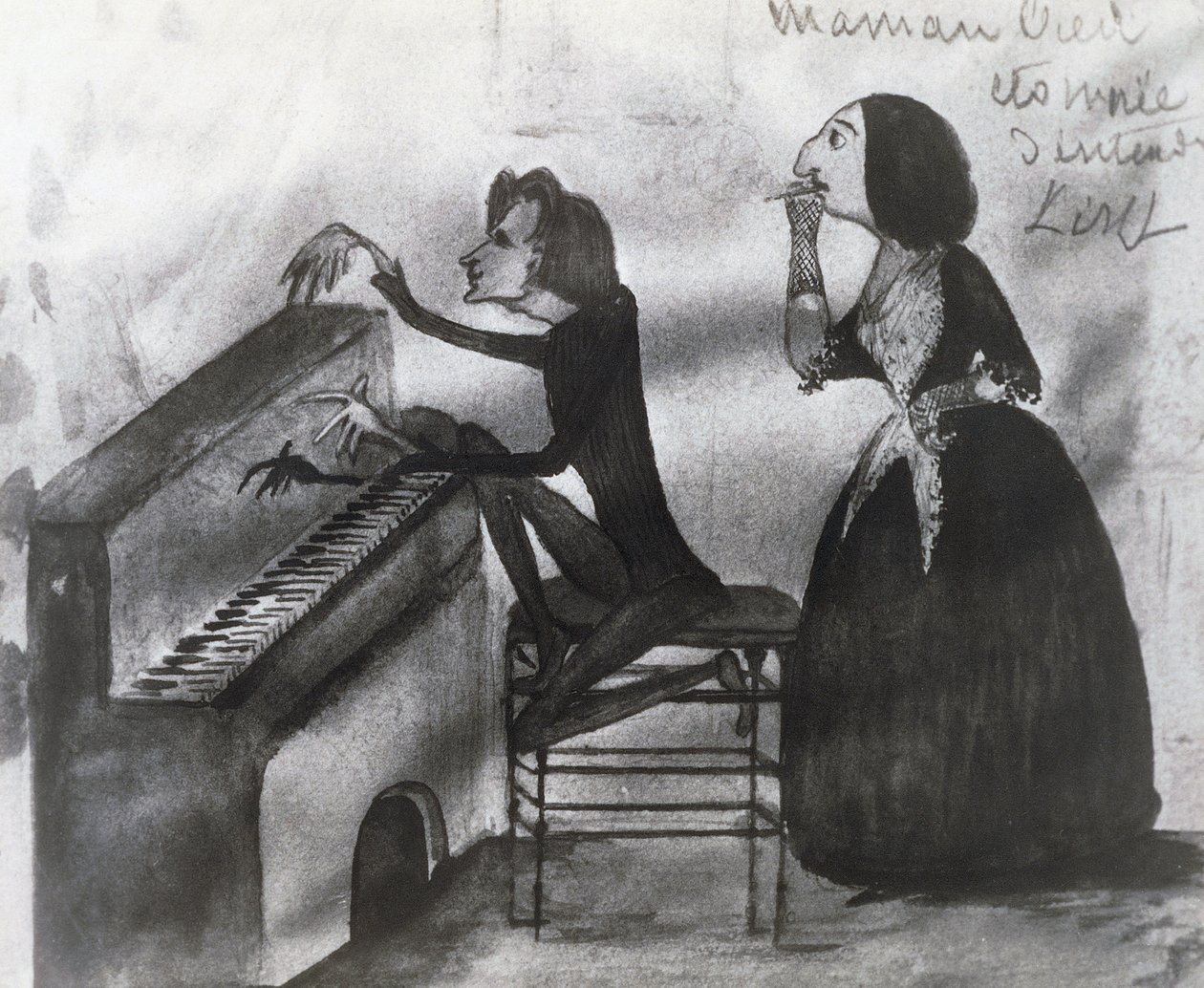 フランツ・リスト（1811-1886）とジョージ・サンド（1804-1876）の風刺画（1832年、ノアンにて） モーリス・サンド（1825-1889）が描いたもの。 作： モーリス・サンド