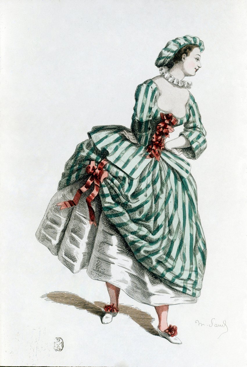 コメディア・デラルテの女性キャラクター、コロンビーヌ（コラリーナ）の衣装と仮面（1855年）。モーリス・サンド（1823-1889）の文と絵による『マスクとブフォン』からのA.マンソーによるエングレーヴィング 19世紀 個人蔵 作： モーリス・サンド