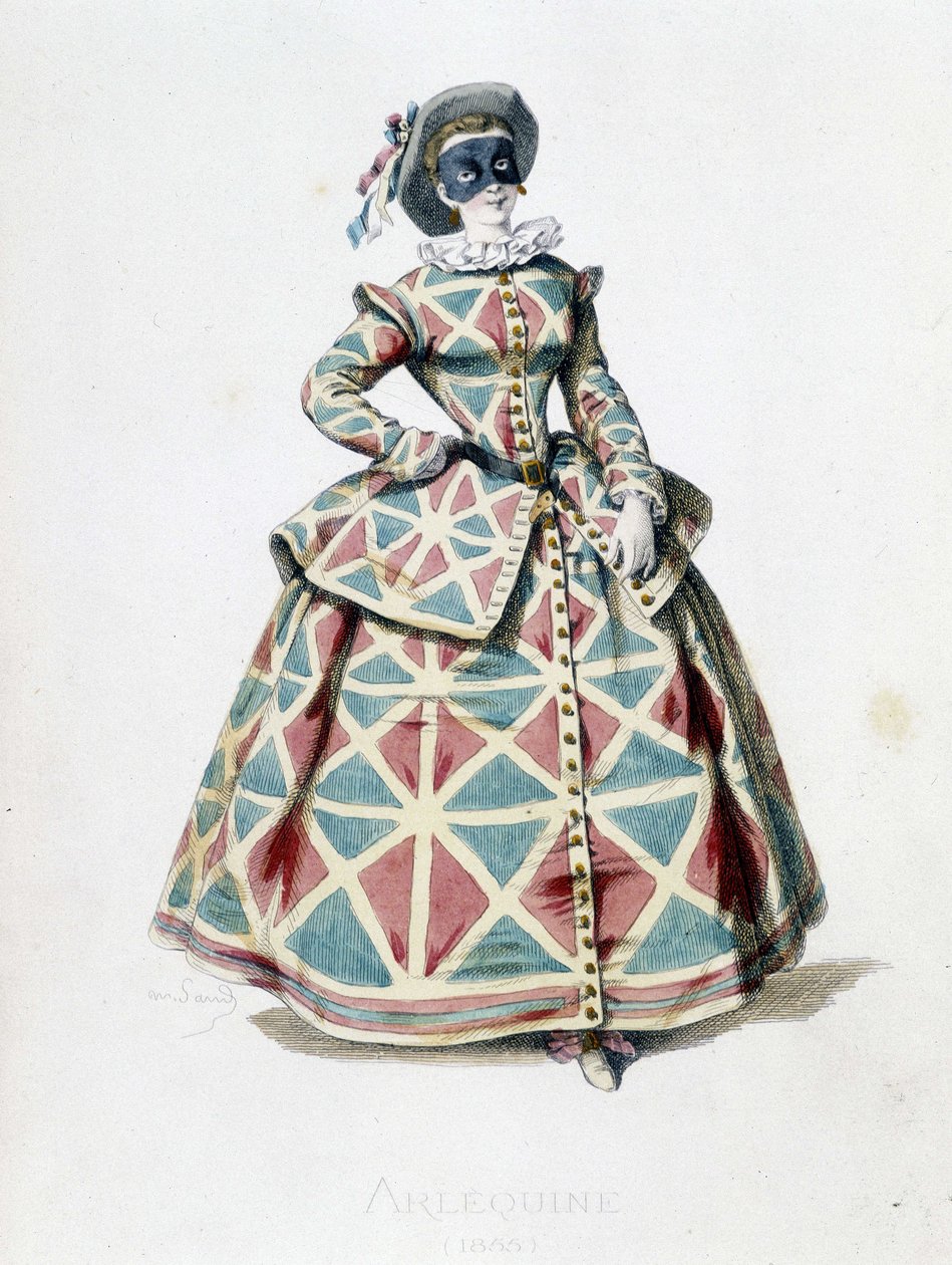 1855年のハーレクインの衣装と仮面、コメディア・デラルテのハーレクインの女性キャラクター。モーリス・サンド（1823-1889）の文と絵、ジョルジュ・サンドの序文による『マスクとブフォン』からのA.マンソーの版画。 作： モーリス・サンド