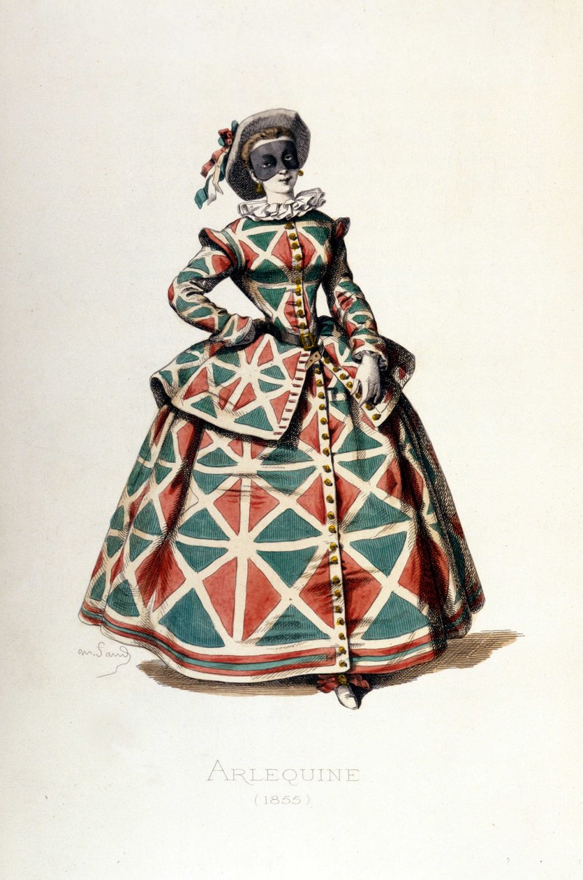 1855年のハーレクインの衣装と仮面、コメディア・デラルテのハーレクインの女性キャラクター。モーリス・サンド（1823-1889）の文と絵、ジョルジュ・サンドの序文による『マスクとブフォン』からのA.マンソーの版画。 作： モーリス・サンド