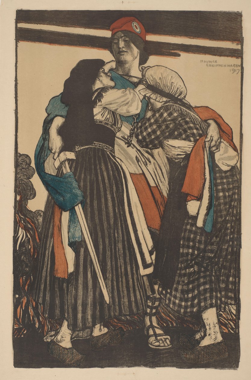 剣を持った女性が 2 人の子供を抱きしめる フランスへのアルザス ロレーヌの復元 (原題) Great War: British Efforts and Ideals (シリーズタイトル) The Great War: British Efforts and Ideals (オリジナル シリーズ タイトル) 作： モーリス・ウィリアム・グレイフェンハーゲン