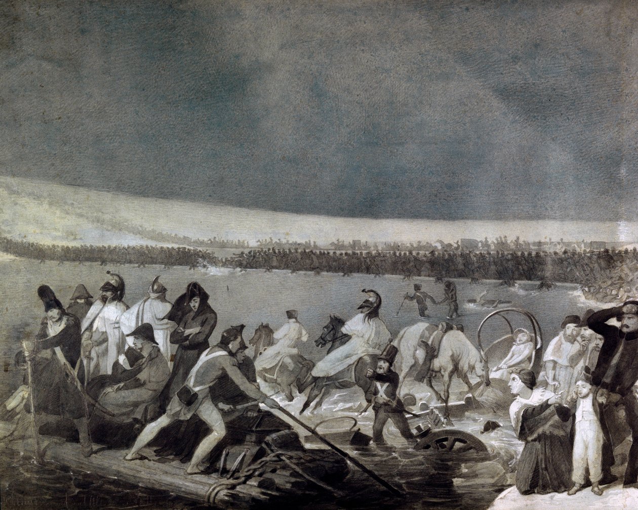 ロシアからの退却（1812年）。"11月28日にフランス軍がベレシナ（Berezina）を通過したことで 作： マウロコンコニ