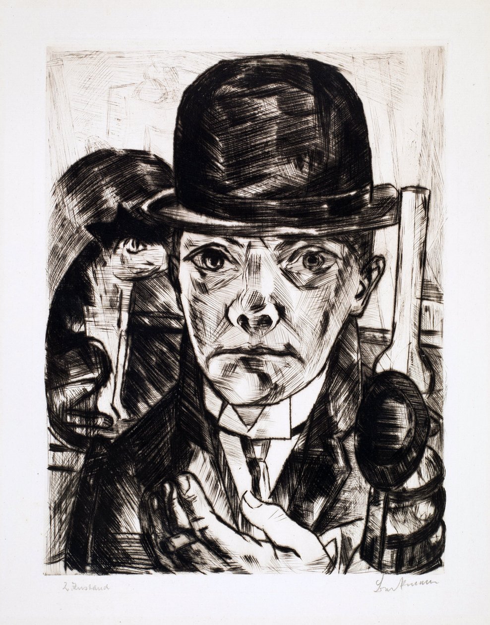 山高帽をかぶった自画像。 Max Bechmann (1884-1950) による彫刻 作： マックス・ベックマン