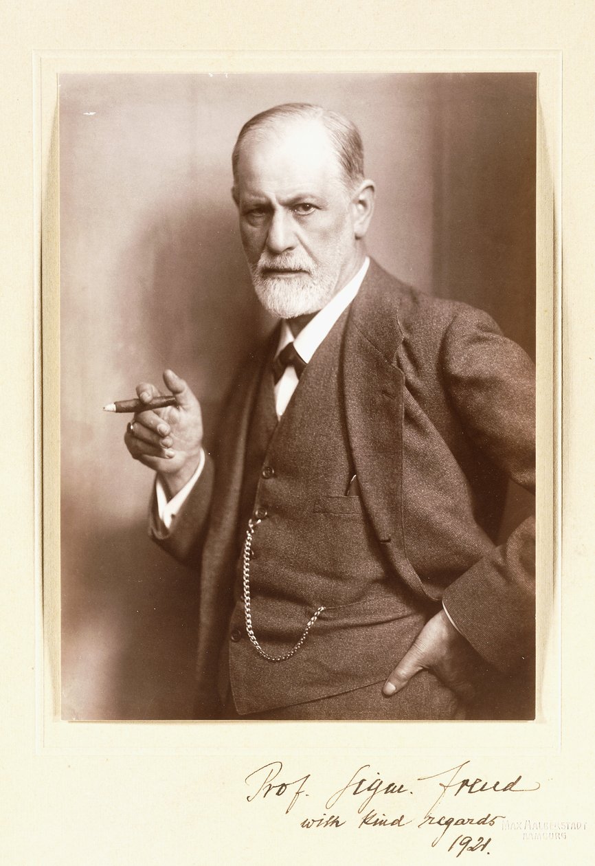 ジークムント・フロイトの署名入り写真、1921年頃（セピア写真） 作： マックス・ハルバーシュタット