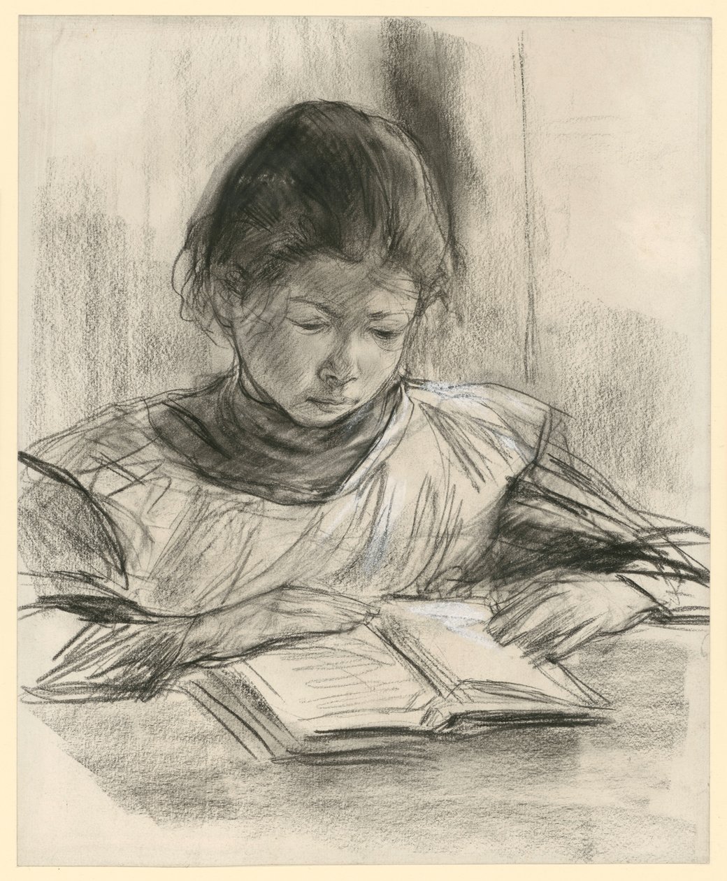 画家の娘の肖像。机に向かって読書をしている正面の胸像 作： マックス・リーバーマン