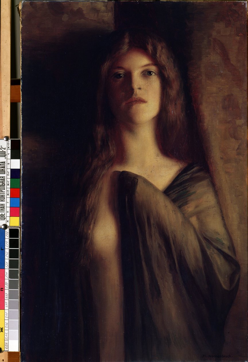 Portrait of a young woman"" (Portrait of a young woman) 透明なヴェールに身を包んだ、悲しく陰鬱な表情の少女。 Max Nonnenbruch (1857-1922) による絵画 (新しいアート) キャンバスに油彩。 Mikalojus Konstantinas Ciurlionis Fine Arts Museum、カウン 作： 最大修道女休憩