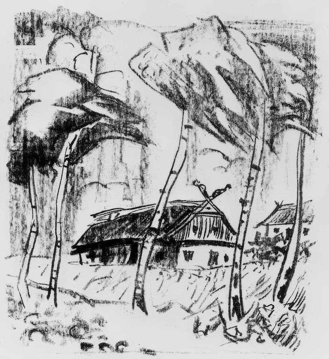 白樺の木の陰にある農場 作： 