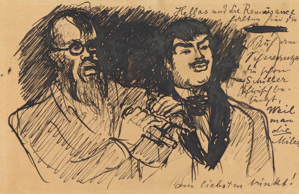 レンバッハの風刺画3点: a) 胸像（スケッチ風）; b) 全身像; c) シュトゥックとともに 作： マックス・スレイボクト