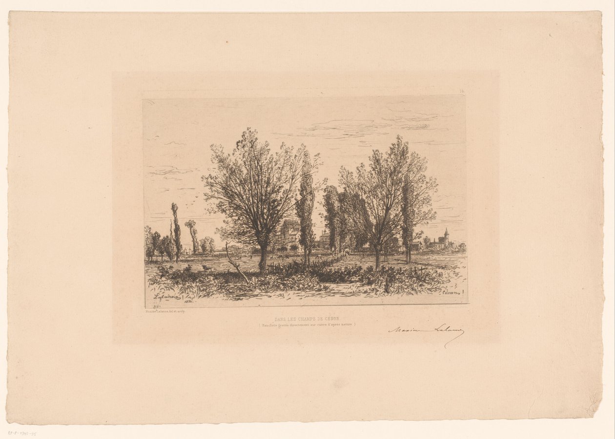 牧草地と街の景色のある風景 Dans les champs de Cénon. (アイテムのタイトル) 作： MaximeFrançoisAntoineLalanne（アーティストによる署名）