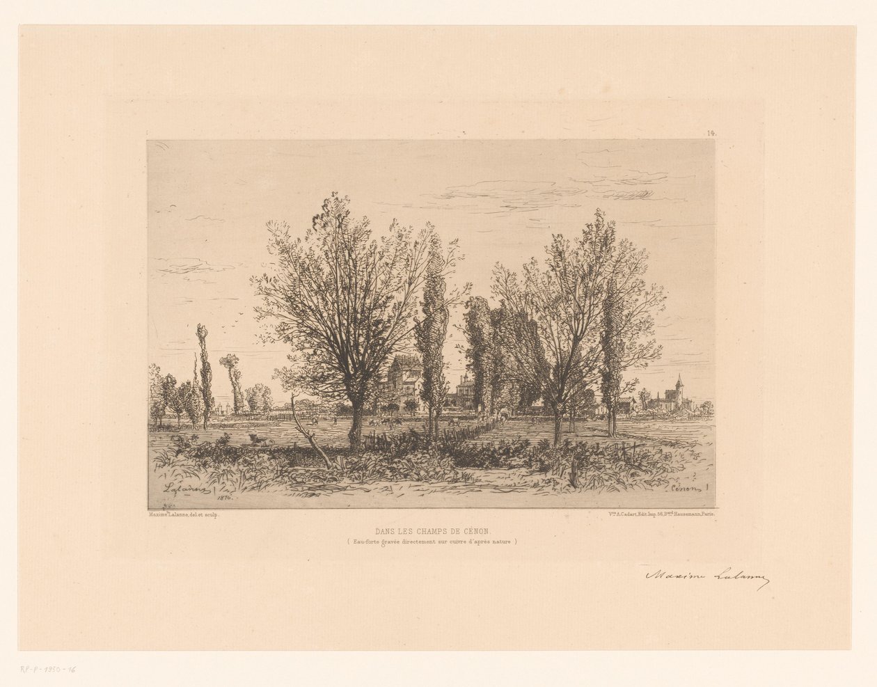 牧草地と街の景色のある風景 Dans les champs de Cénon. (オブジェクトのタイトル) 作： MaximeFrançoisAntoineLalanne（アーティストによる署名）