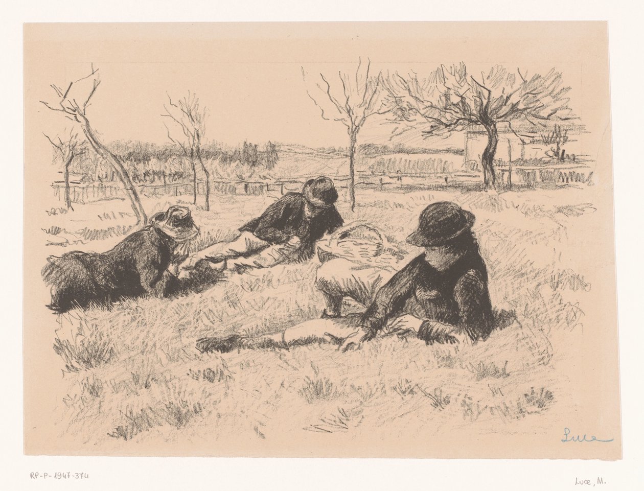 牧草地で休む 3 人の男性 作： Maximilien Luce（アーティストによる署名）