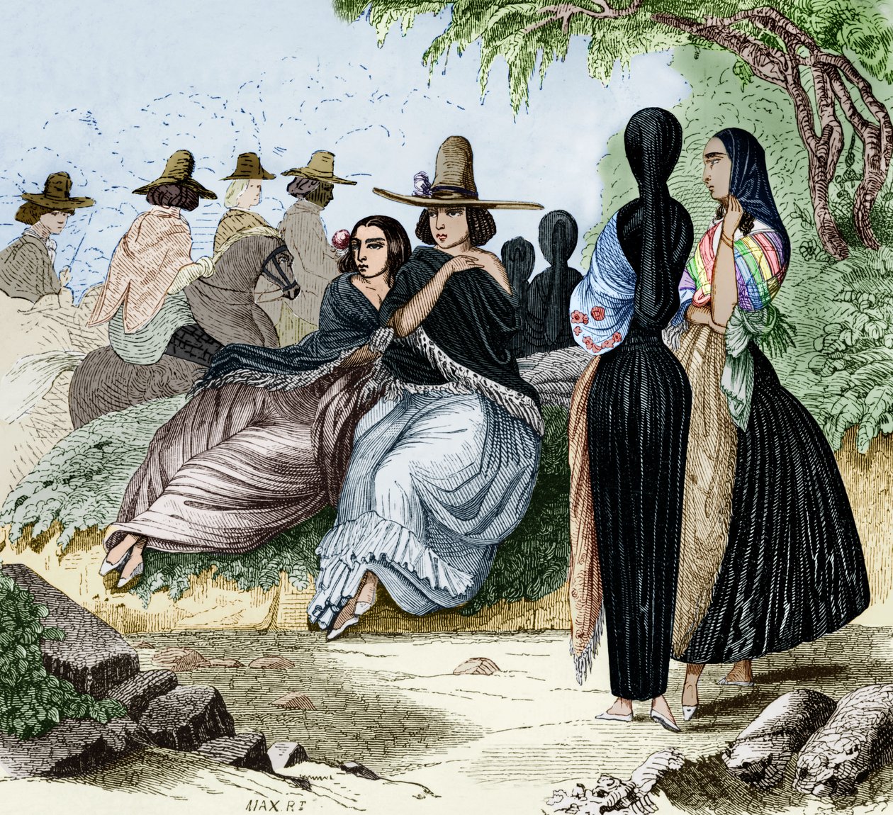 ペルーのリマの女性たち、1840年代にラディゲがリマを旅行した際のエングレーヴィング、カラー化された資料 作： マクシミリエンラディゲ