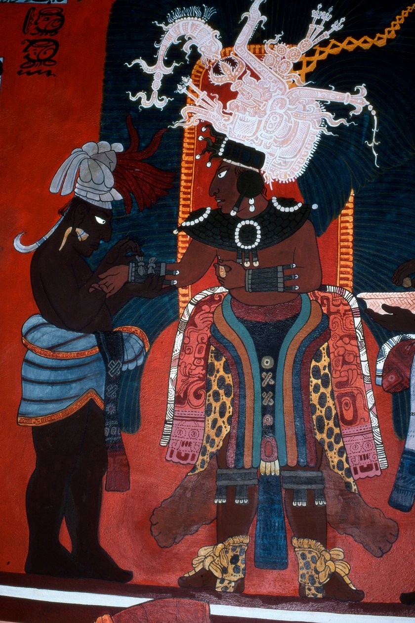 ボナンパックの壁画神殿の儀式のために使用人が定規に服を着せる様子を描いた壁画の複製（壁画） 作： マヤ