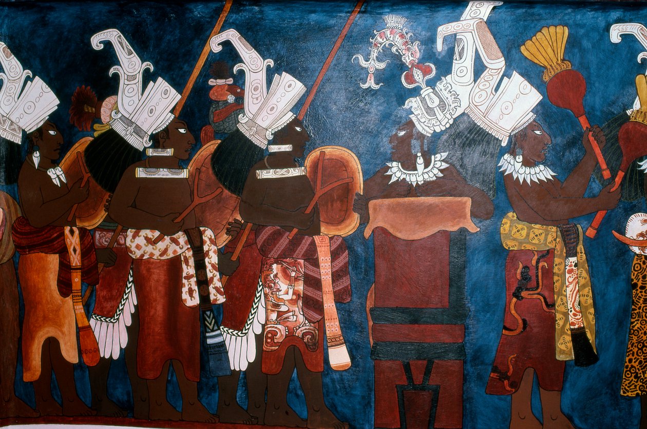 ボナンパックの壁画の寺院からの式典中の使用人とミュージシャンの壁画の複製（壁画） 作： マヤ