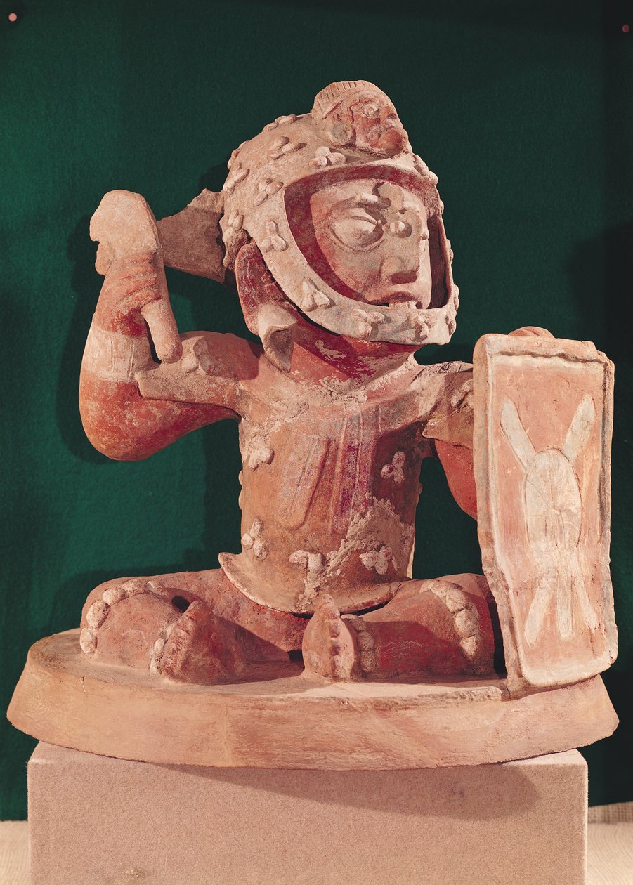 グアテマラ出身の戦士の像が入った骨壷、クラシック時代、600〜950（テラコッタ） 作： マヤ