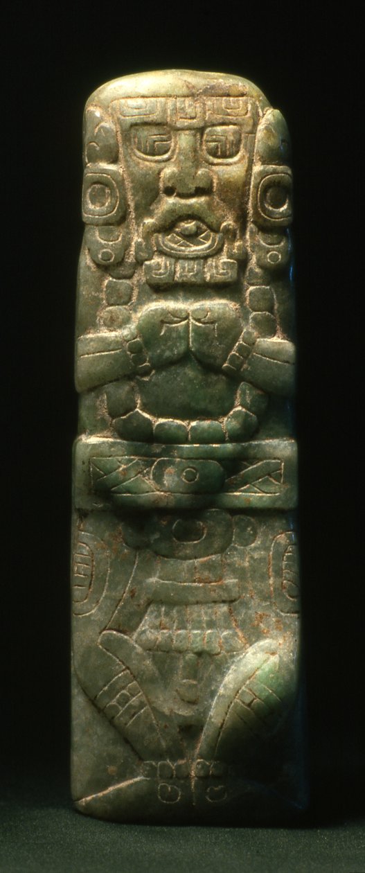 像はコパンの象形文字の階段を下って奉納され、後期クラシック時代（600-900）（翡翠） 作： マヤ