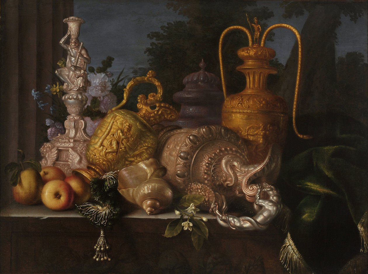 静物、貝殻、金細工。 Meiffren Conte (1630-1705) による絵画。 キャンバスに油彩。 薄暗い: 91x121cm。 必須の言及: コレクション財団は、マルセイユのプロヴァンスを尊重します 作： メイフレン（c.1630-1705）コンテ
