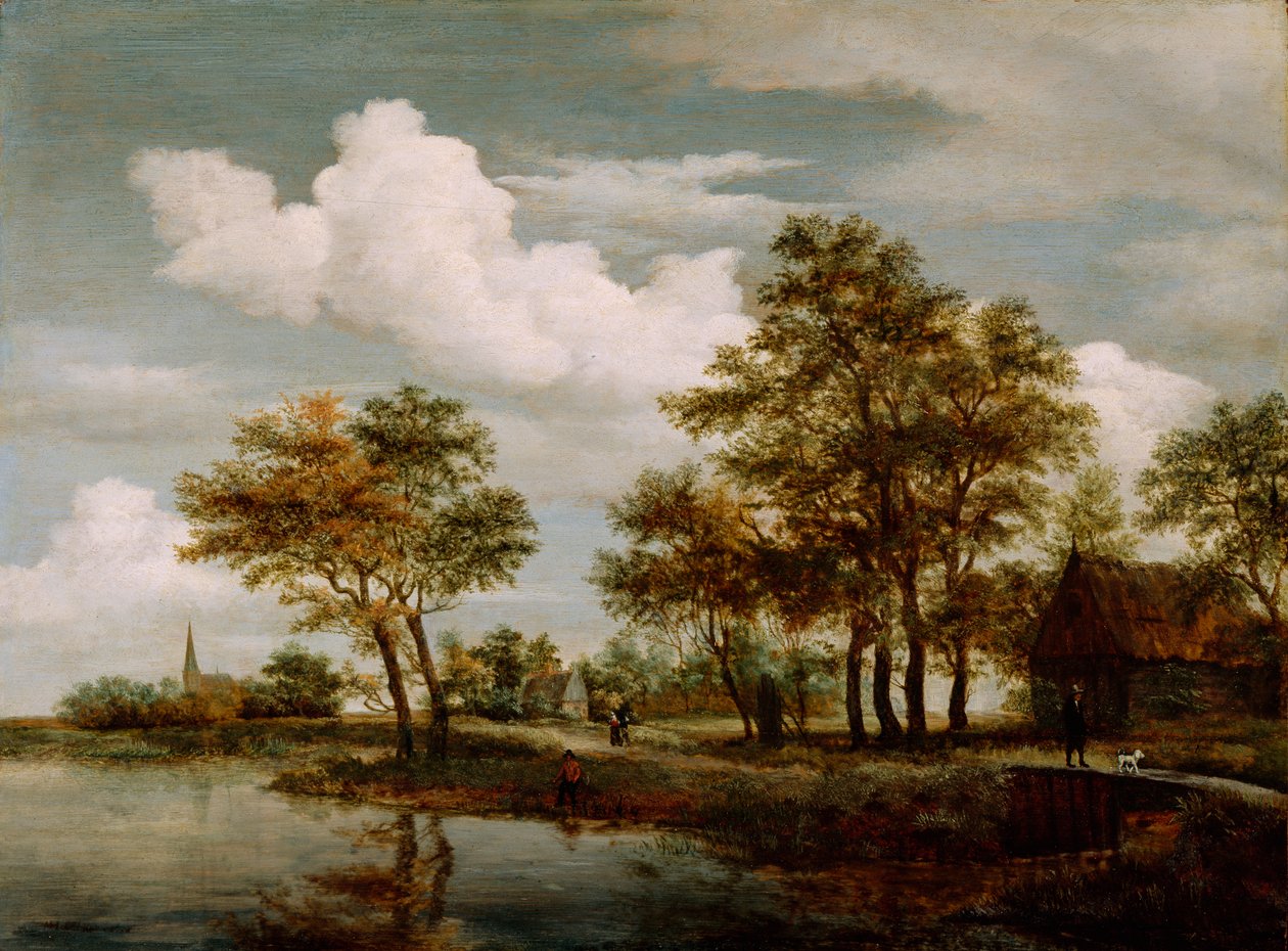 川の情景、1658年（オークパネルに油彩） 作： メインデルトホッベマ