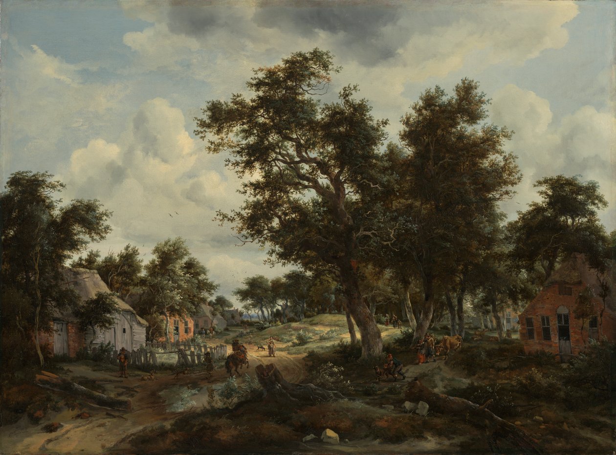 ハムレットを通る小道に旅行者がいる樹木が茂った風景、c.1665（キャンバスに油彩） 作： メインデルトホッベマ