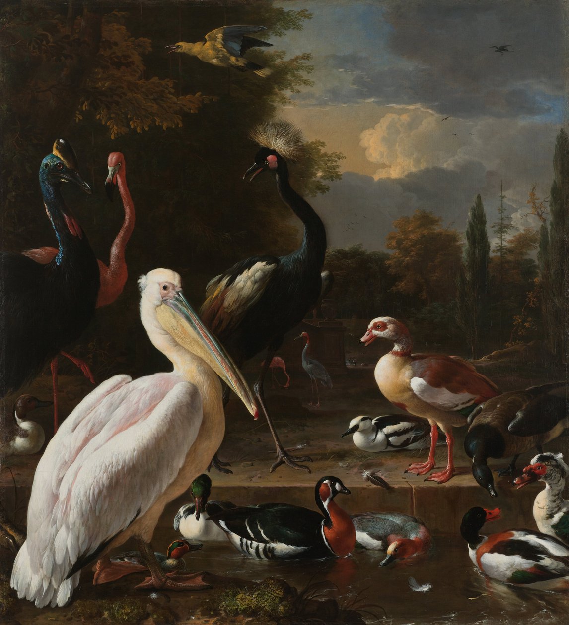 ペリカンやその他の鳥が「水に浮かぶ羽」として知られている流域にいる 作： Melchior dHondecoeter