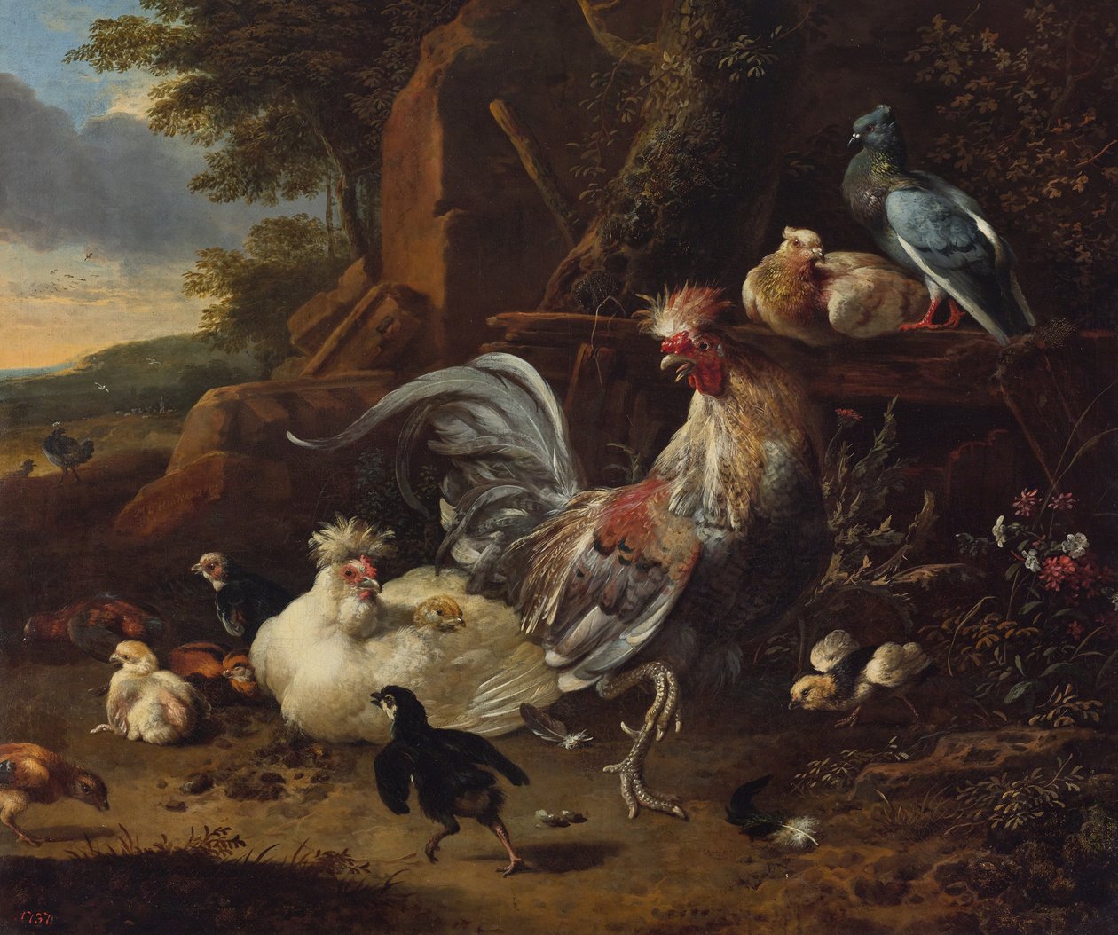 庭の雄鶏、雌鶏、その他の家禽 作： Melchiord'Hondecoeter