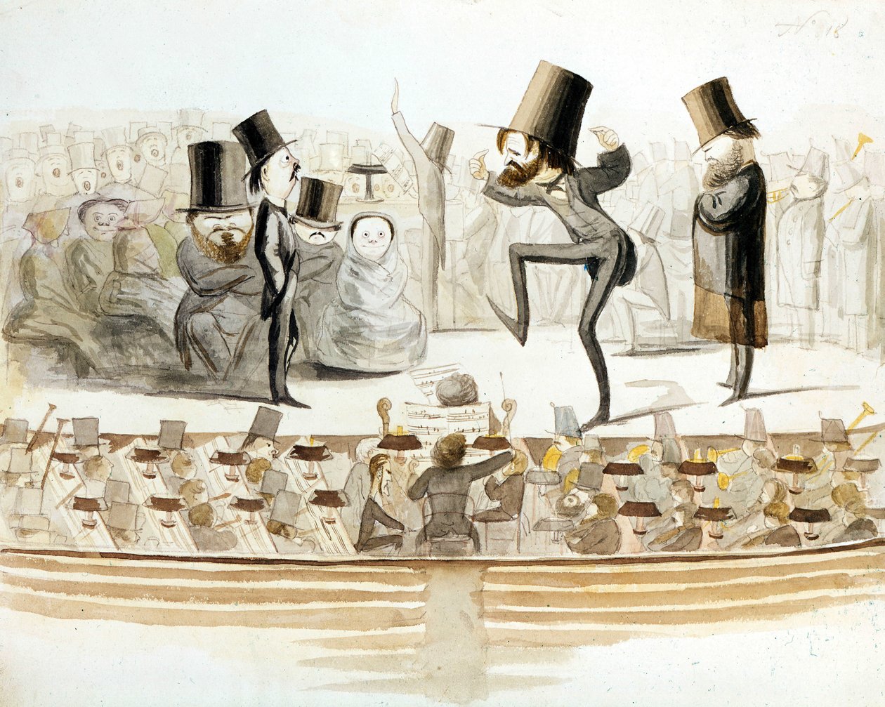 ジュゼッペ・ヴェルディ(1813-1901)、イタリアの作曲家。テノールのフラスキーニとソプラノのフィオレッティが出演する「Un ballo in maschera」(Un Bal masque)の繰り返し。メルキオーレ・デルフィコの漫画。ミラネーゼ． 作： メルキオーレ・デルフィコ