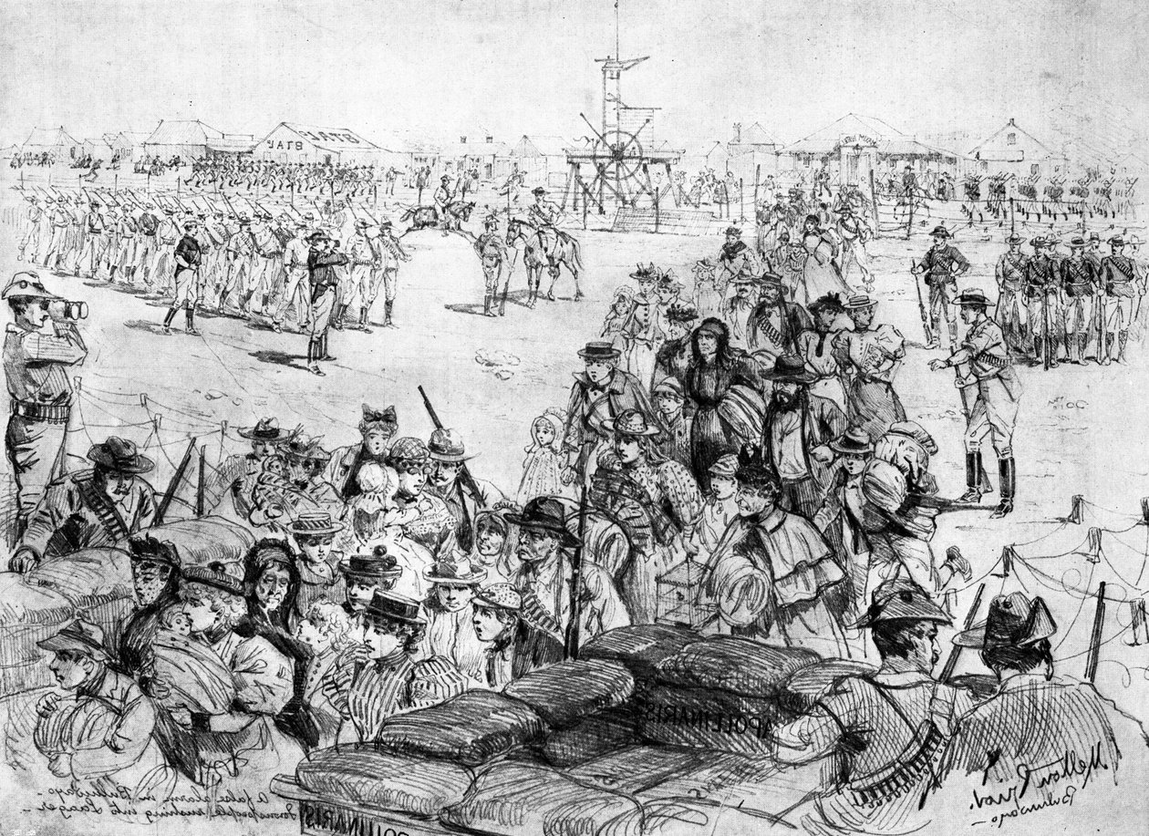 マタベレの暴動：1896年6月6日の「The Illustrated London News」に掲載された、Laagerに突入する町民、ブラワヨでの誤報 作： メルトン・プライアー
